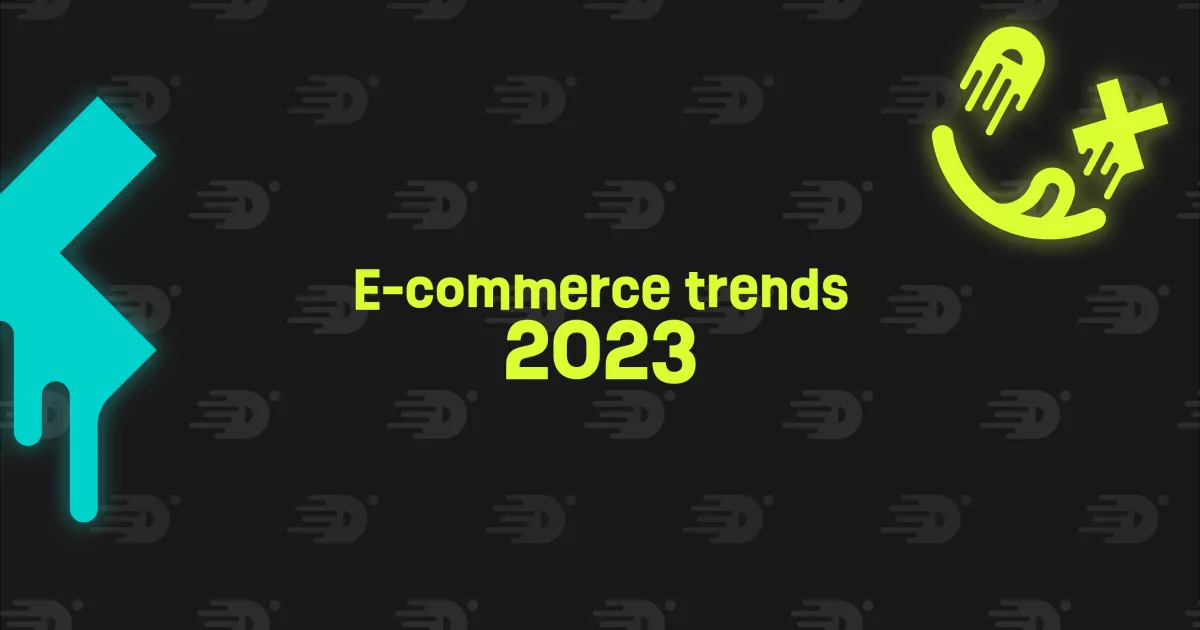 Achtergrond met zwarte en grijze e-commerce iconen, felle blauwe en gele grafische elementen, met de tekst "E-commerce trends 2023" in het midden.