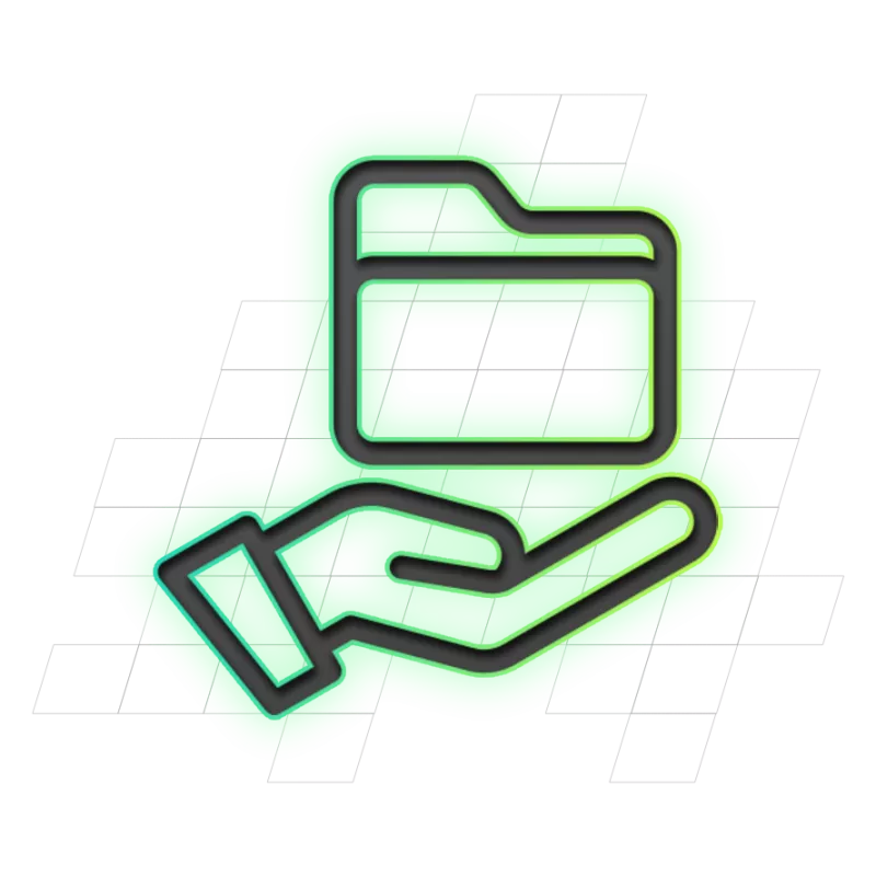 Een handpictogram met een map erboven, omlijst door een groene achtergrond en rasterpatroon.