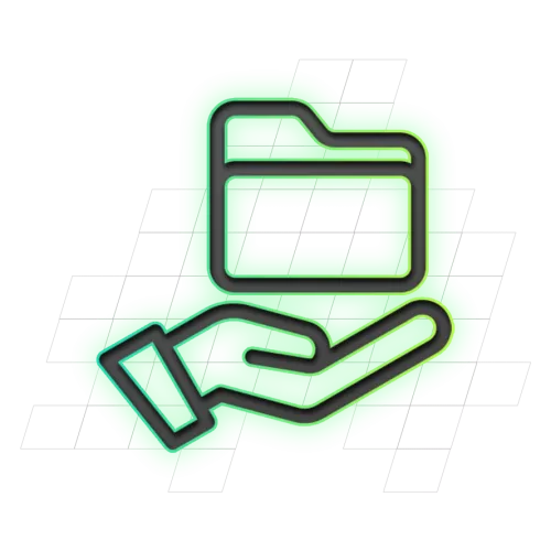 Een handpictogram met een map erboven, omlijst door een groene achtergrond en rasterpatroon.