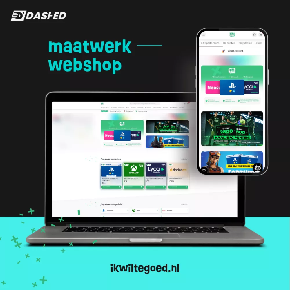 Laptop en smartphone tonen een webshop met cadeaukaarten voor gamepunten. Tekst: "maatwerk webshop". Logo bovenaan links. Website: ikwiltegoed.nl.