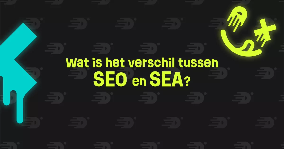 Tekst in het midden: "Wat is het verschil tussen SEO en SEA?" met neonkleuren op een zwarte achtergrond met abstracte vormen.