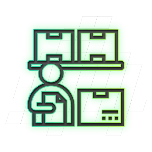 Pictogram van een persoon met een clipboard voor dozen in een magazijnsetting, op een groene achtergrond.