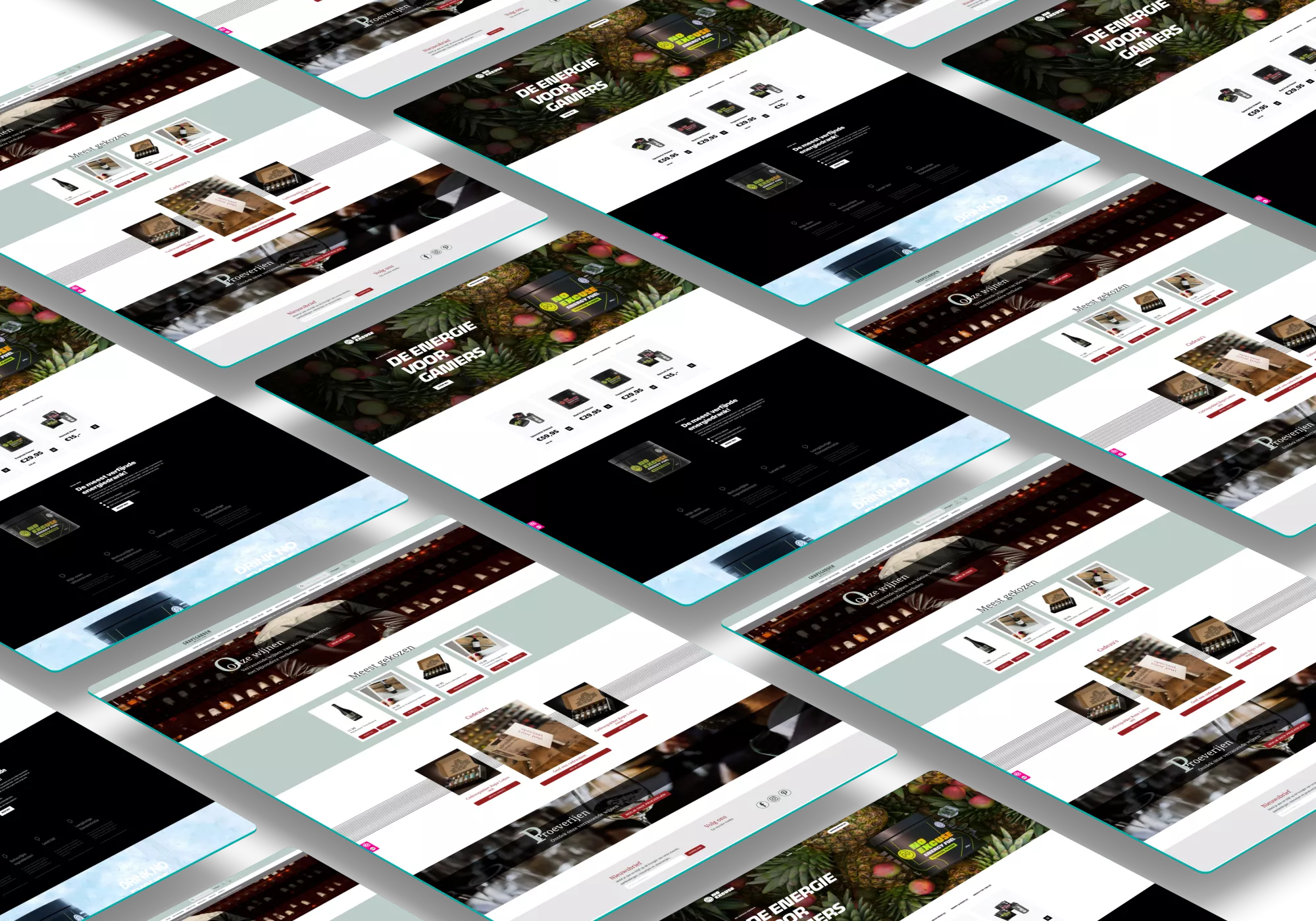 Schuine weergave van meerdere webshoppagina's met producten en promoties voor gamers en dranken, in een raster gerangschikt.