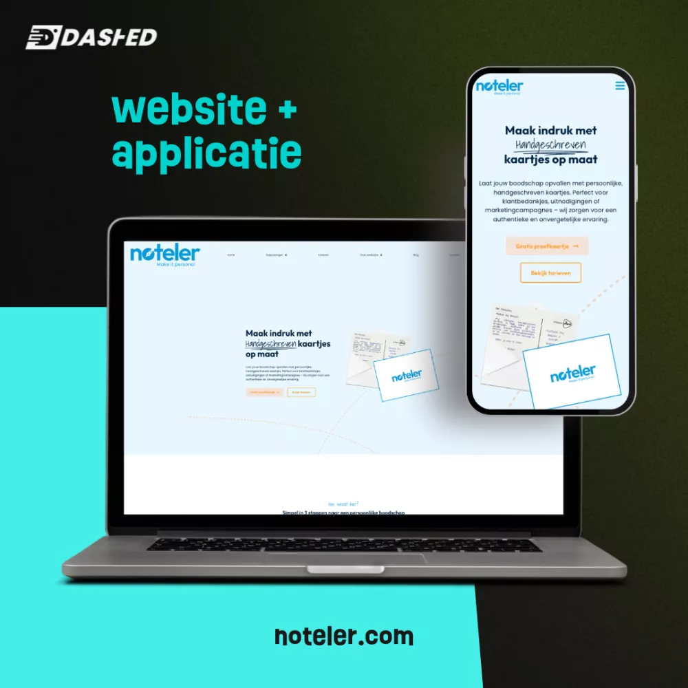Laptop en smartphone tonen de Noteler website en app. Tekst promoot handgeschreven kaartjes. Noteler-logo en "noteler.com" zichtbaar. Duidelijk met blauw en groene accenten.