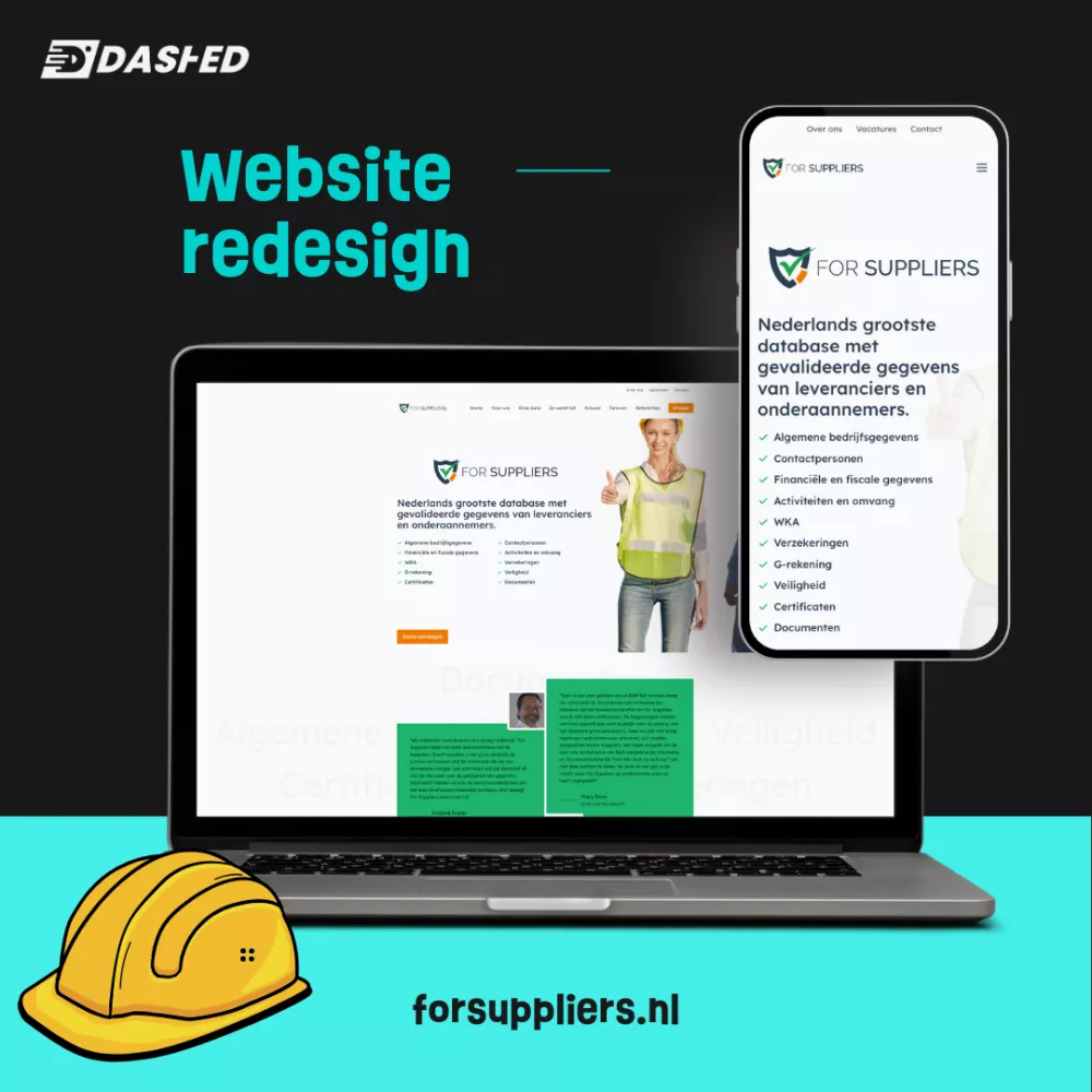 Een laptop en een smartphone tonen de herontworpen website van "For Suppliers" met de tekst "Website redesign" en een geel veiligheidshelm-icoon op de voorgrond.