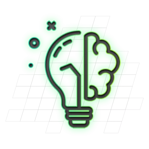 Pictogram van een halve hersenen en een halve gloeilamp gecombineerd, met een groene achtergrond en geometrische vormen.