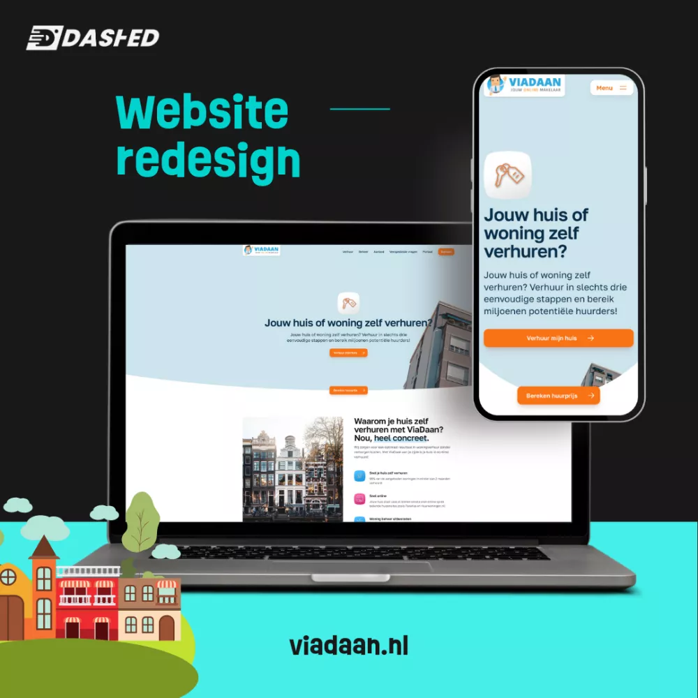 Ontwerp van een vernieuwde website voor verhuur van huizen, getoond op een laptop en smartphone met de tekst "Website redesign" en de URL viadaan.nl.