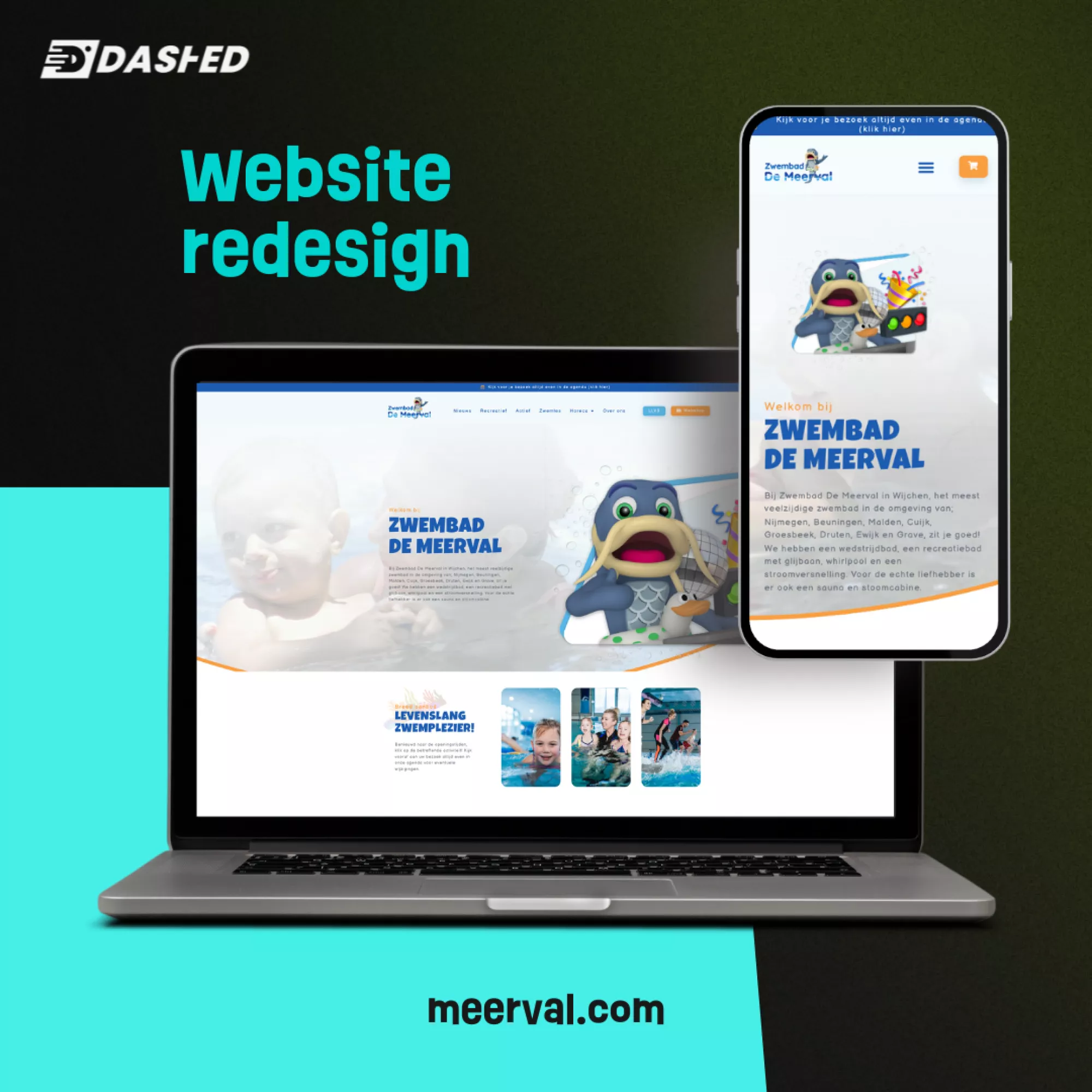 Website-ontwerp voor Zwembad De Meerval op laptop en smartphone, met blauwe en oranje accenten en een cartoon zeehond mascotte.