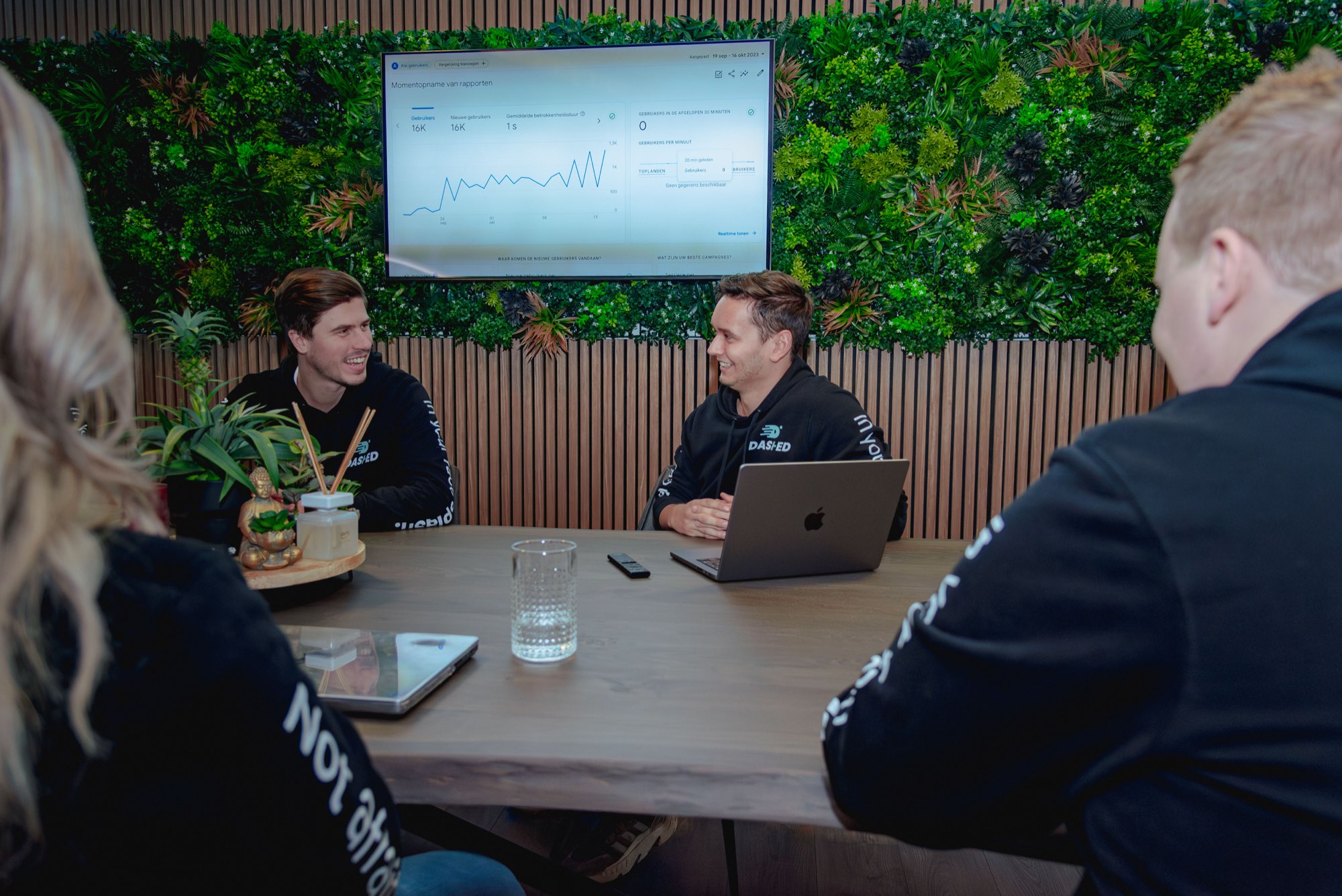 Overleg aan de vergadertafel voor de groene plantenwand