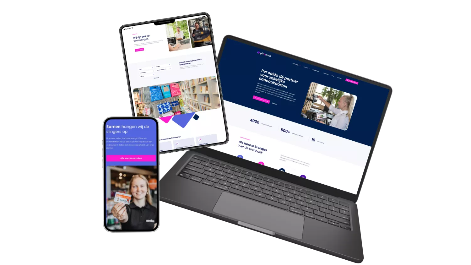 Een smartphone, tablet en laptop met openstaande website over zakelijke cadeaubonnen, met een focus op samenwerking en succesverhalen.