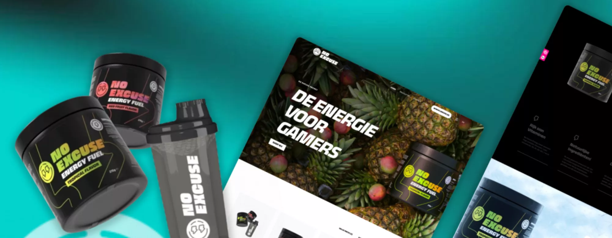 Jars en shaker van "No Excuse Energy Fuel" en een websitepagina met de tekst "De energie voor gamers" op een turquoise achtergrond.