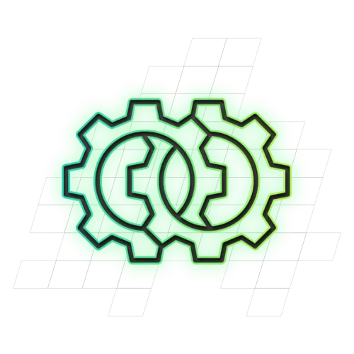 Twee overlappende groene tandwielen met een geometrisch patroon op de achtergrond.