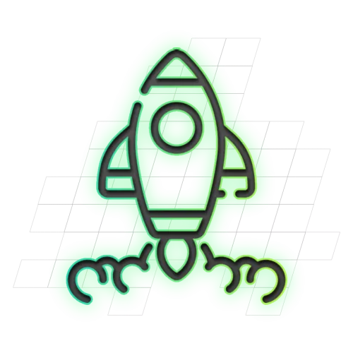 Illustratie van een gestileerde raket met groene gloed en geometrische patronen op de achtergrond.