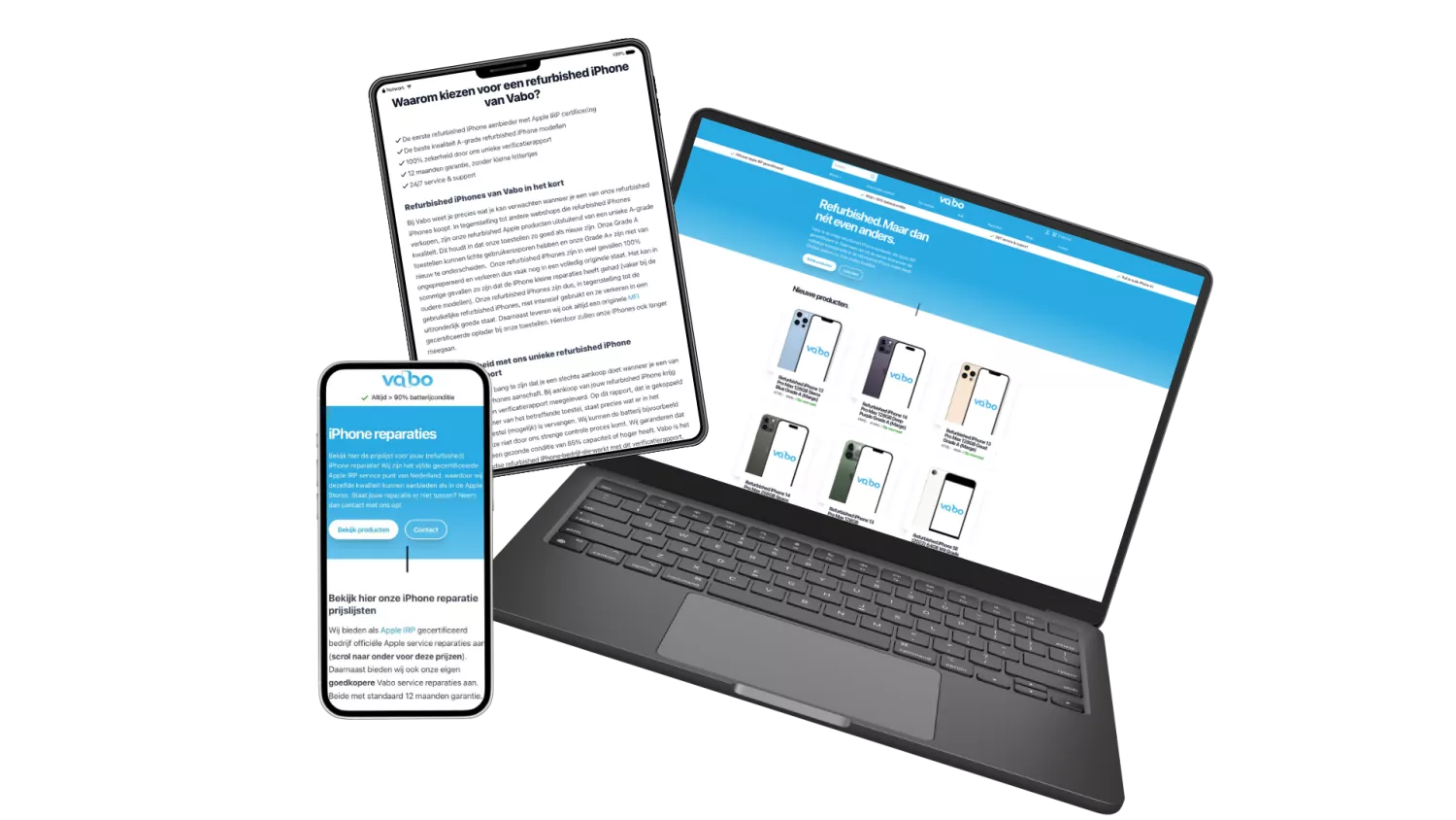 Een tablet, smartphone en laptop tonen informatie over refurbished iPhones van Vabo, inclusief reparatieservices en productaanbod.