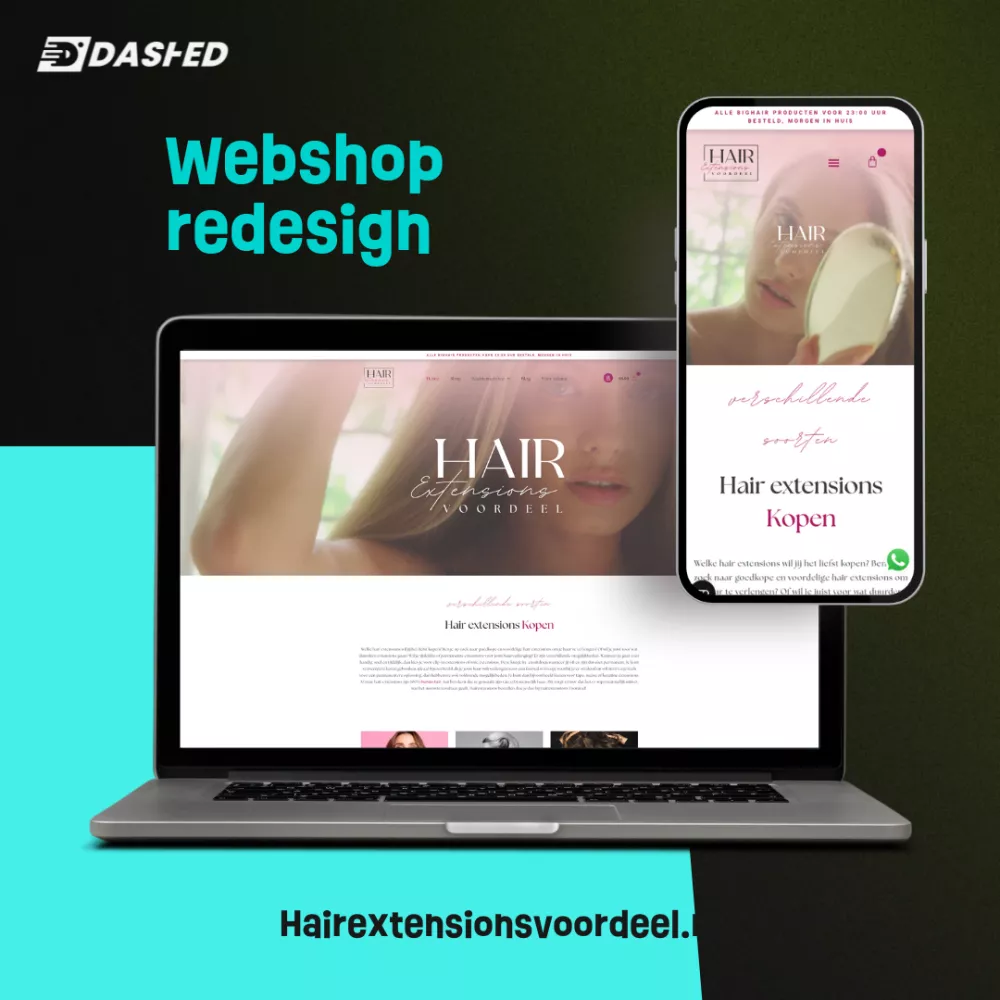 Afbeelding van een webshop redesign voor "Hairextensionsvoordeel.nl" met zowel een laptop- als smartphoneweergave van de website, gericht op het verkopen van hairextensions.