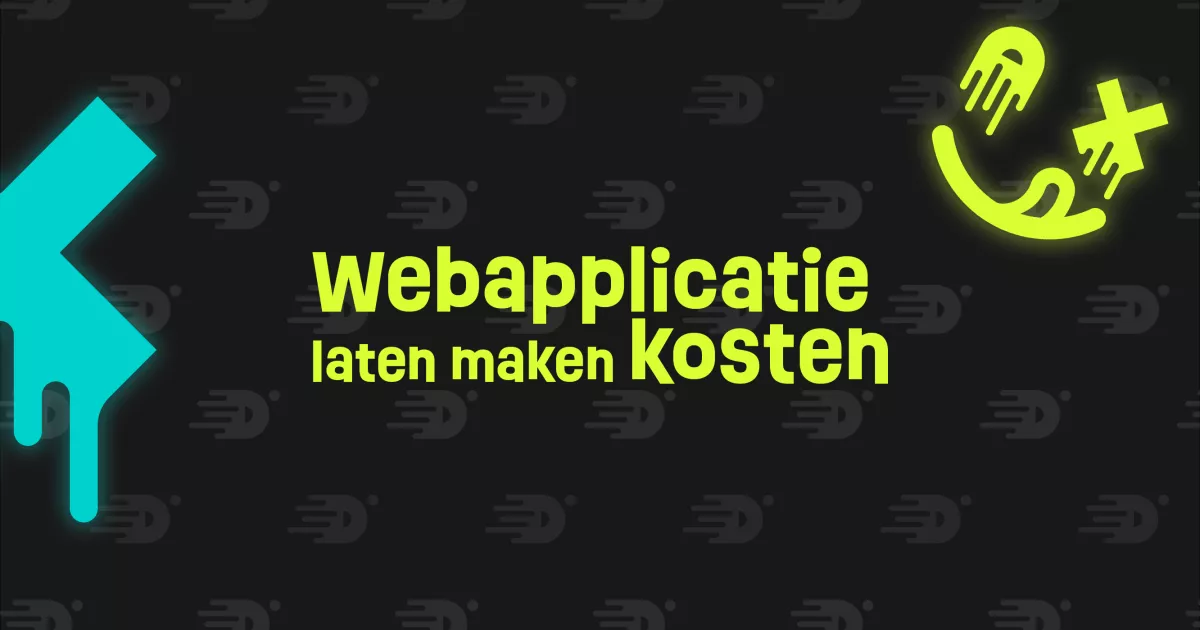 Neon groene tekst op een zwarte achtergrond met de woorden "Webapplicatie laten maken kosten" omgeven door abstracte vormen en symbolen.