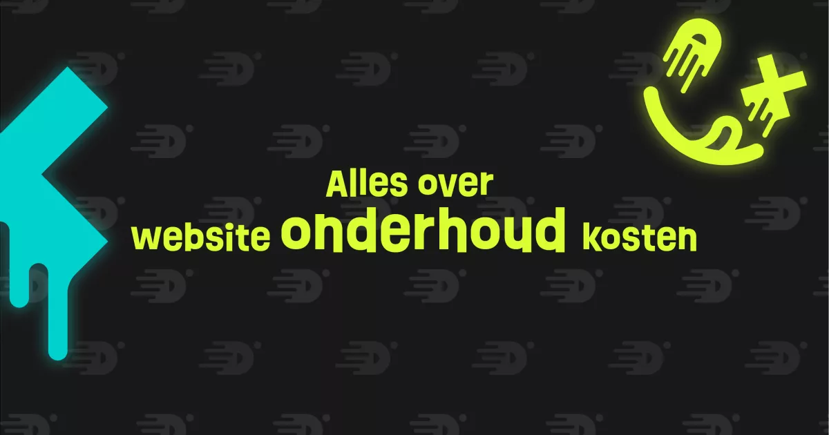 Tekst op een donkere achtergrond: "Alles over website onderhoud kosten" in gele letters, met abstracte neonblauwe en gele vormen.