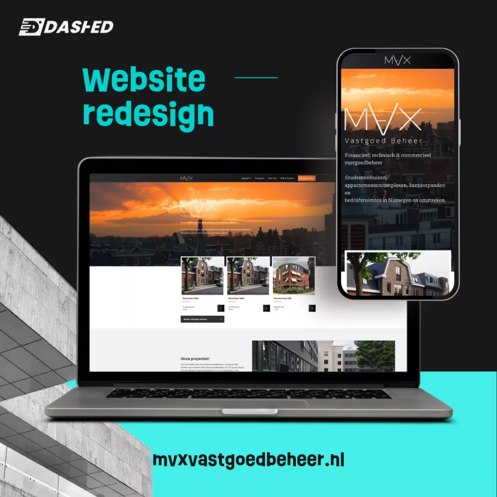 Laptop en telefoon tonen website redesign van MVX Vastgoed Beheer met stadspanorama op achtergrond. Tekst: "Website redesign" en "mvxvastgoedbeheer.nl".