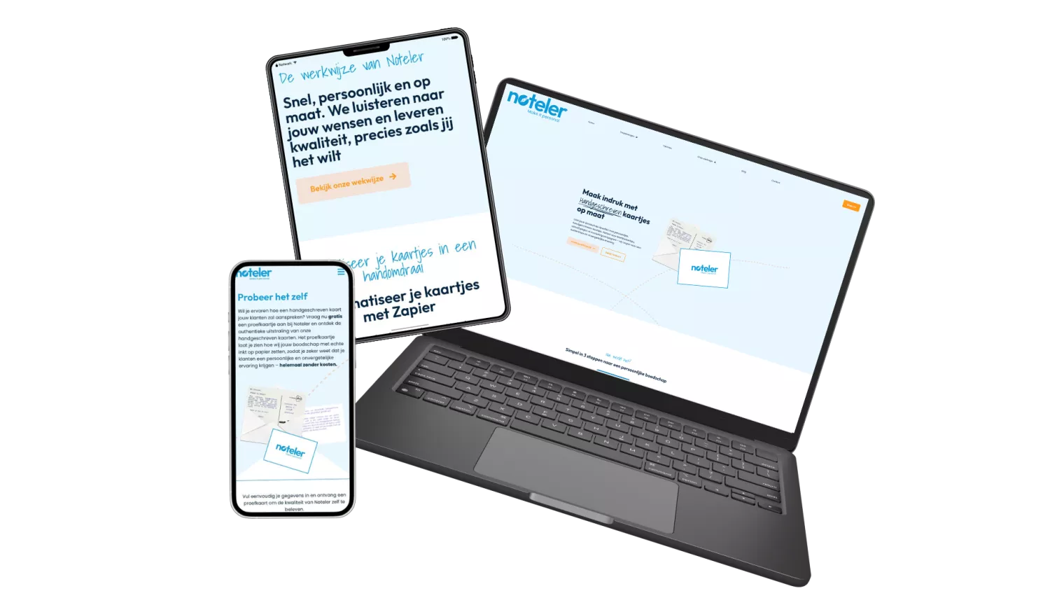 Drie apparaten tonen de Noteler-website. Een telefoon, tablet en laptop met teksten over gepersonaliseerde handgeschreven kaartjes en automatisering met Zapier.