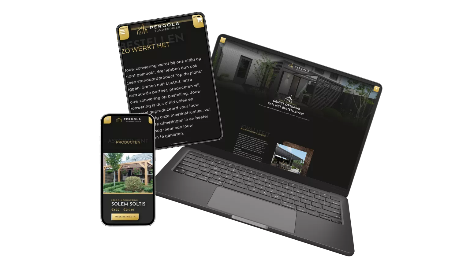 Laptop, tablet en smartphone tonen een website van Pergola Zonweringen met afbeeldingen en productinformatie.