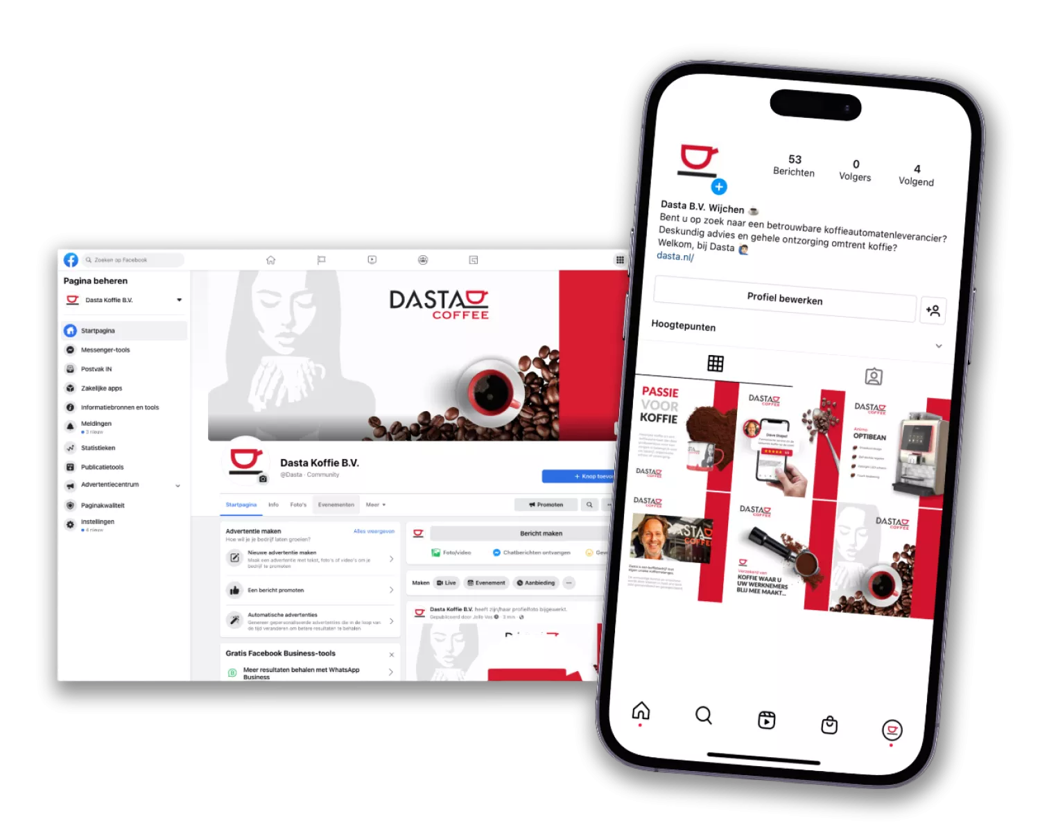 Afbeelding van de Facebookpagina en Instagram-profiel van Dasta Koffie B.V., met hun logo, koffiemotieven en promotiemateriaal op een computerscherm en een smartphone.