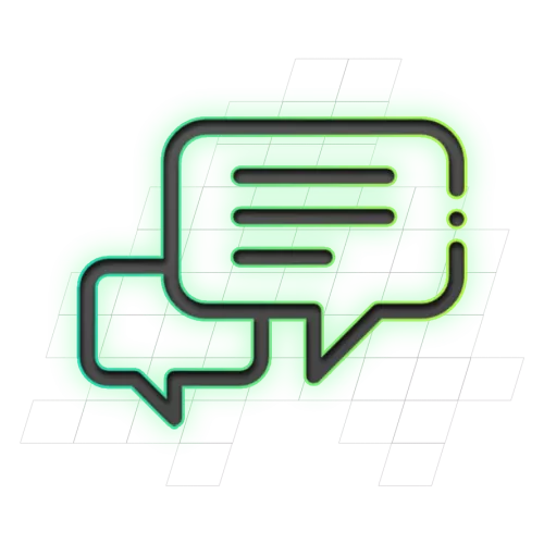 Illustratie van twee overlappende tekstballonnen met lijnen erin, omlijst door een groene gloed en een geometrisch rasterpatroon.