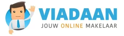 Illustratie van een cartoonfiguur in pak met tekst "VIADAAN Jouw Online Makelaar" ernaast.