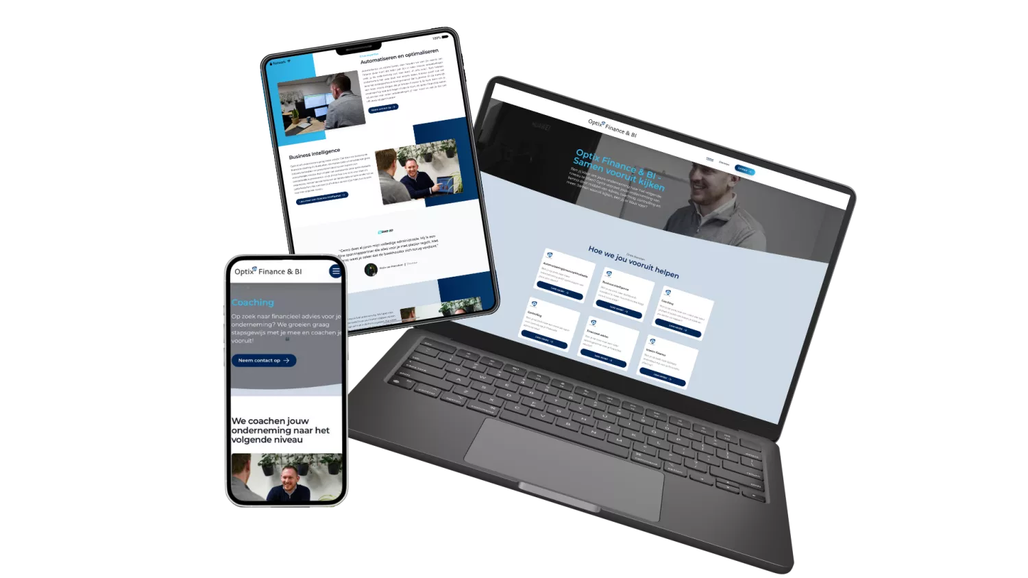 Smartphone, tablet en laptop tonen de website van Optix Finance & BI met teksten over financiële coaching en business intelligence.