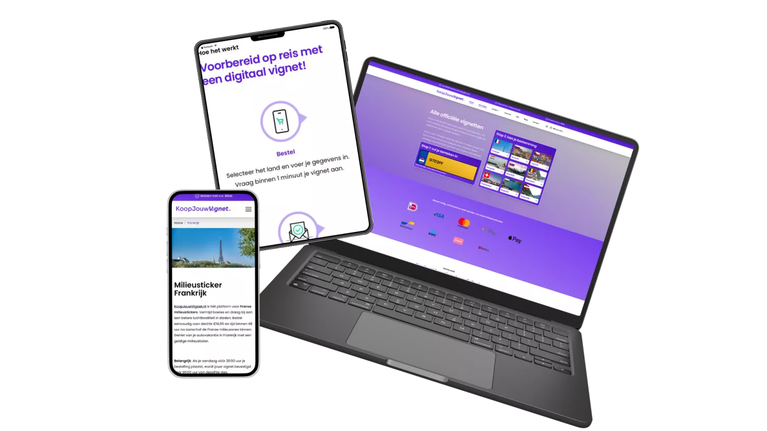 Een laptop, tablet en smartphone tonen de website KoopJouwVignet, met opties om online een digitaal reisvignet te kopen voor verschillende landen.