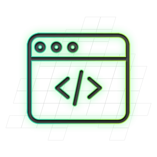 Groene pictogram van een webbrowservenster met een code-symbool erin.