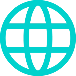 Turquoise wereldbol pictogram met lijnen die breedte- en lengtegraden weergeven.