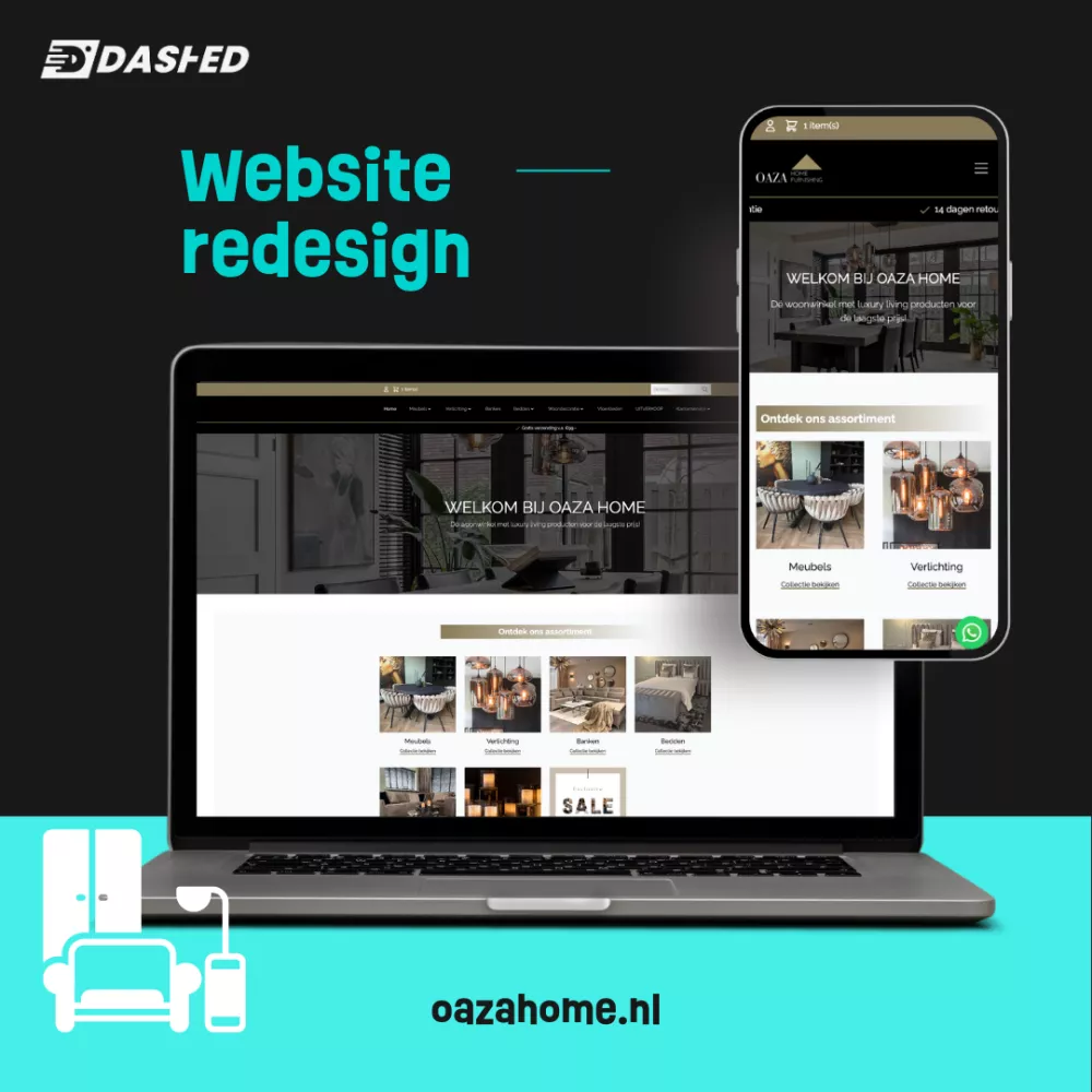 Afbeelding van een website redesign voor Oaza Home, weergegeven op een laptop en smartphone, met onderaan de tekst "oazahome.nl".