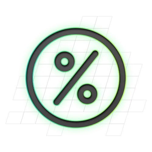 Groen percentage-symbool met schaduweffect en geometrische rasterlijnen eromheen.