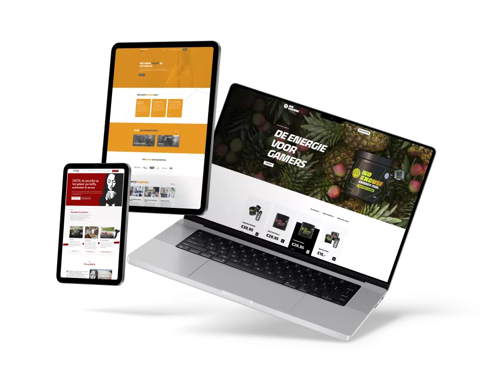Laptop en tablets tonen verschillende websites. De laptop heeft een website over gamer's energiedrank, de tablets tonen andere websites met rode en oranje thema's.