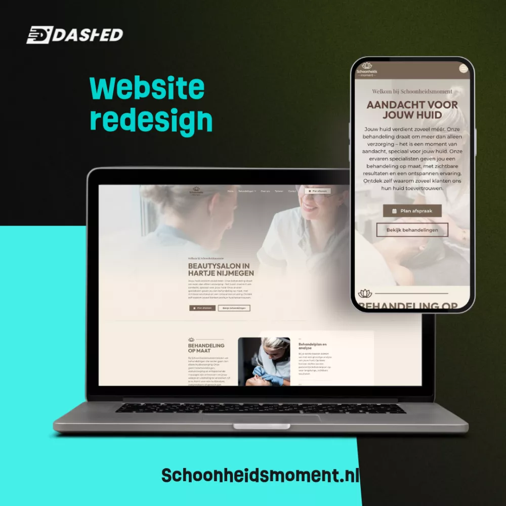 Laptop en smartphone met vernieuwd website-ontwerp voor een Nijmeegse beautysalon. Tekst: "Aandacht voor jouw huid. Schoonheidsmoment.nl". Logo van Dashed bovenaan.