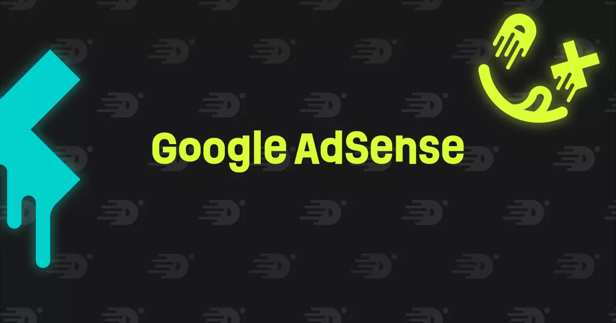 De afbeelding toont de tekst "Google AdSense" in felgele letters op een zwarte achtergrond met abstracte patronen. Links is een blauw, druppelend vormontwerp te zien en rechtsboven enkele gele symbolen.