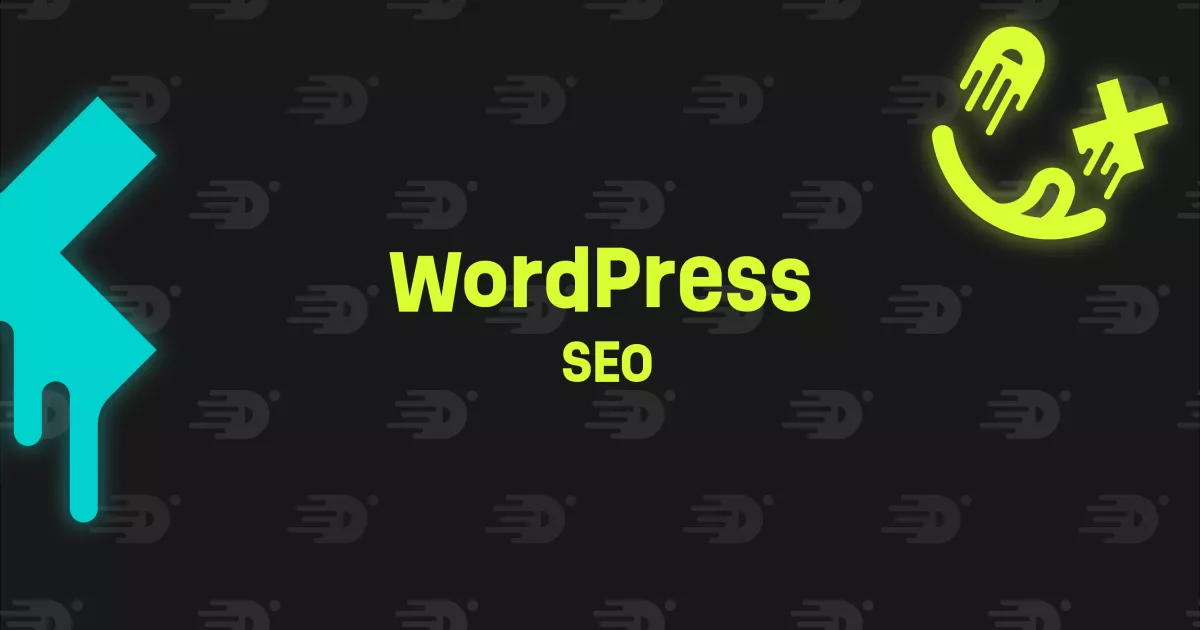 Neongele tekst "WordPress SEO" op een zwarte achtergrond met abstracte patronen. Links een gestileerd blauwgroen element en rechtsboven gele symbolen.