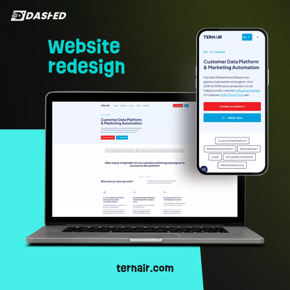 Laptop en smartphone tonen een herontwerp van een website voor een platform voor klantgegevens en marketingautomatisering. Tekst: "Website redesign" en "ternair.com".