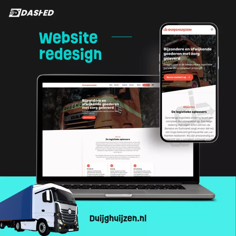 Laptop en smartphone tonen de vernieuwde website van Duijghuijzen, een logistiek bedrijf. Op de achtergrond is hun vrachtwagen te zien. Onderaan staat een illustratie van een vrachtwagen en de tekst "