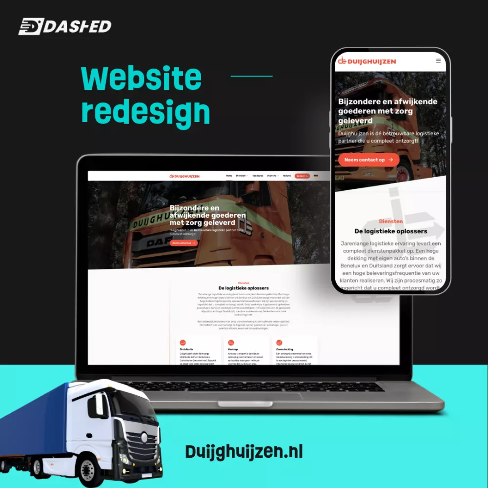 Laptop en smartphone tonen de vernieuwde website van Duijghuijzen, een logistiek bedrijf. Op de achtergrond is hun vrachtwagen te zien. Onderaan staat een illustratie van een vrachtwagen en de tekst "