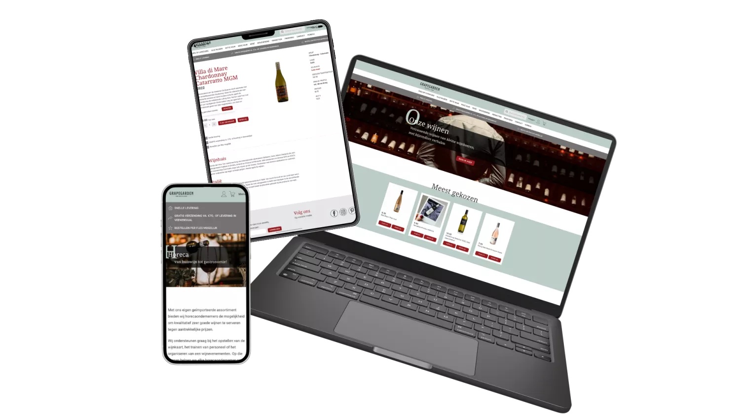 Drie apparaten met een wijnwebshop. Een smartphone toont horecadiensten, een tablet een wijnproductpagina, en een laptop de hoofdpagina met wijnen.