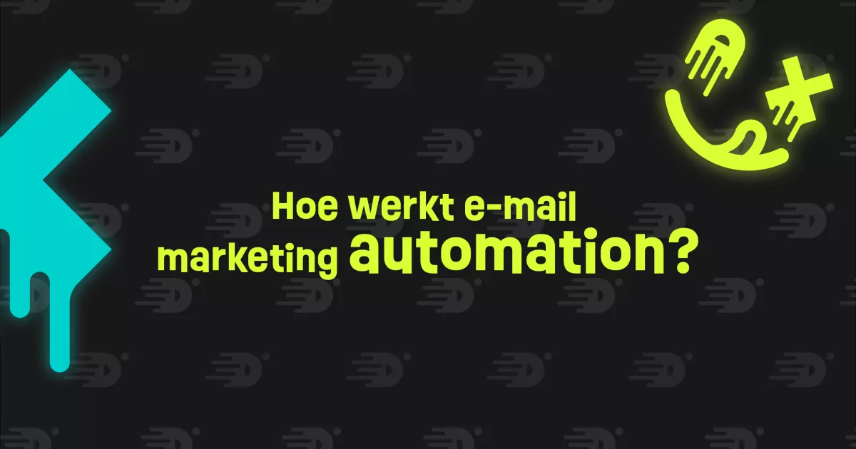 Afbeelding met neonkleuren waarop staat: "Hoe werkt e-mail marketing automation?" met grafische elementen op een donkere achtergrond.