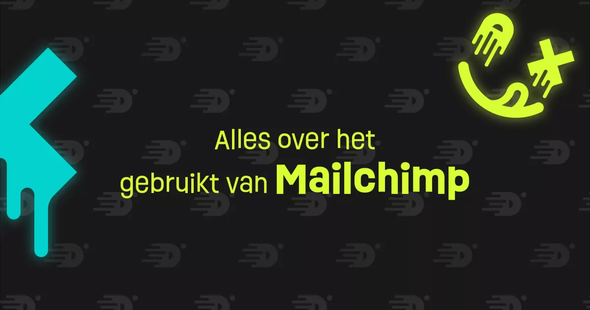 Achtergrond met patroon van iconen. Tekst: "Alles over het gebruikt van Mailchimp" in geel. Links een abstract turquoise ontwerp, rechts een geelgroen lachend icoon met een kruisje.
