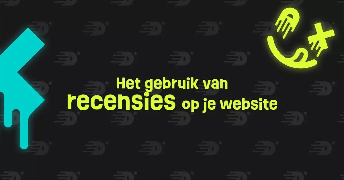 Illustratie met tekst "Het gebruik van recensies op je website" in neonkleuren tegen een donkere achtergrond. Links is een abstract, cyaankleurig druppelend figuur zichtbaar.