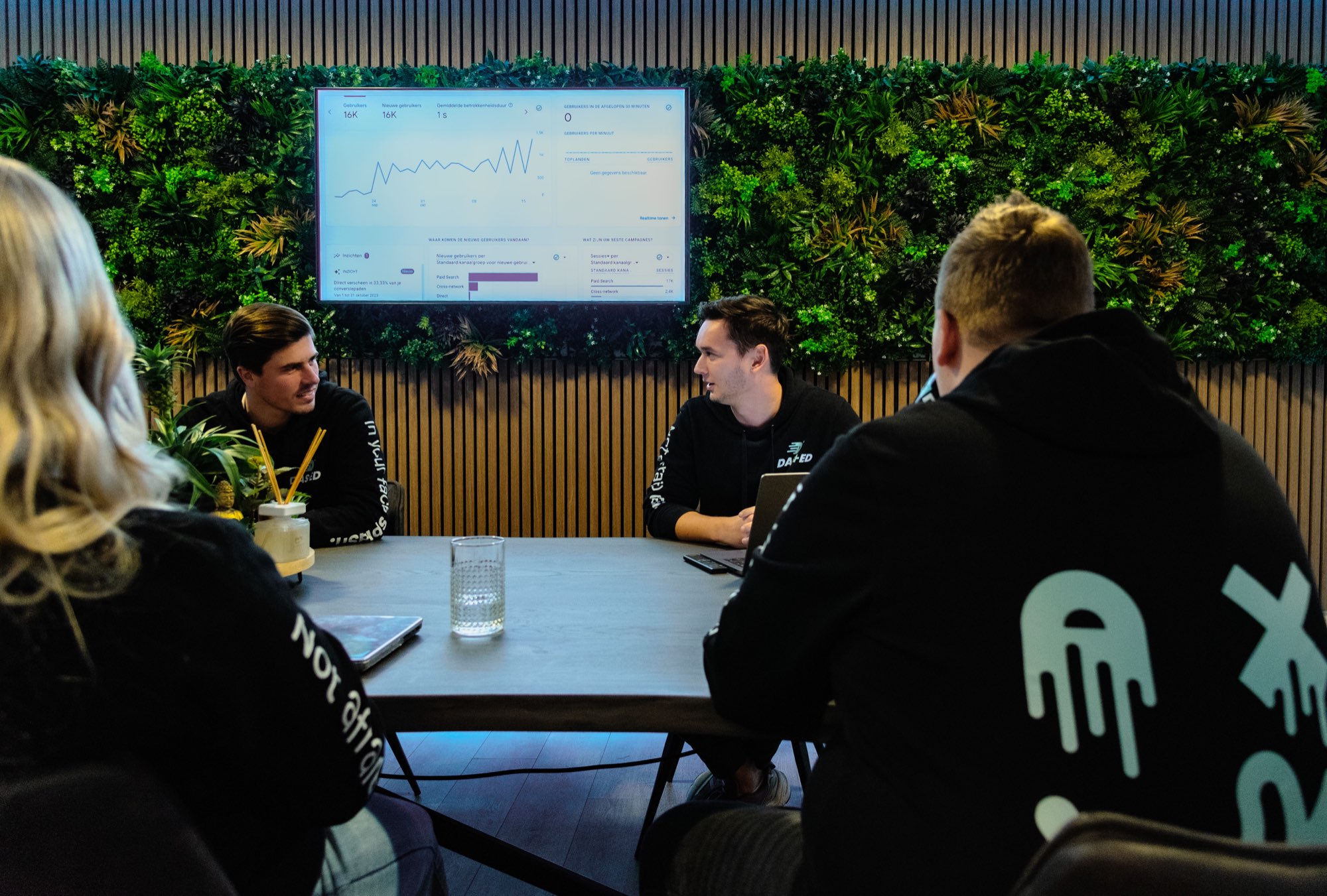 Overleg aan de vergadertafel voor een groene plantenwand met presentatiescherm