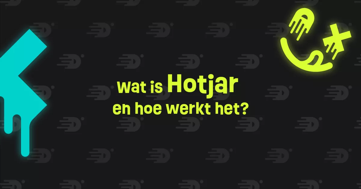 Afbeelding met de tekst "Wat is Hotjar en hoe werkt het?" op een donkere achtergrond met abstracte vormen.
