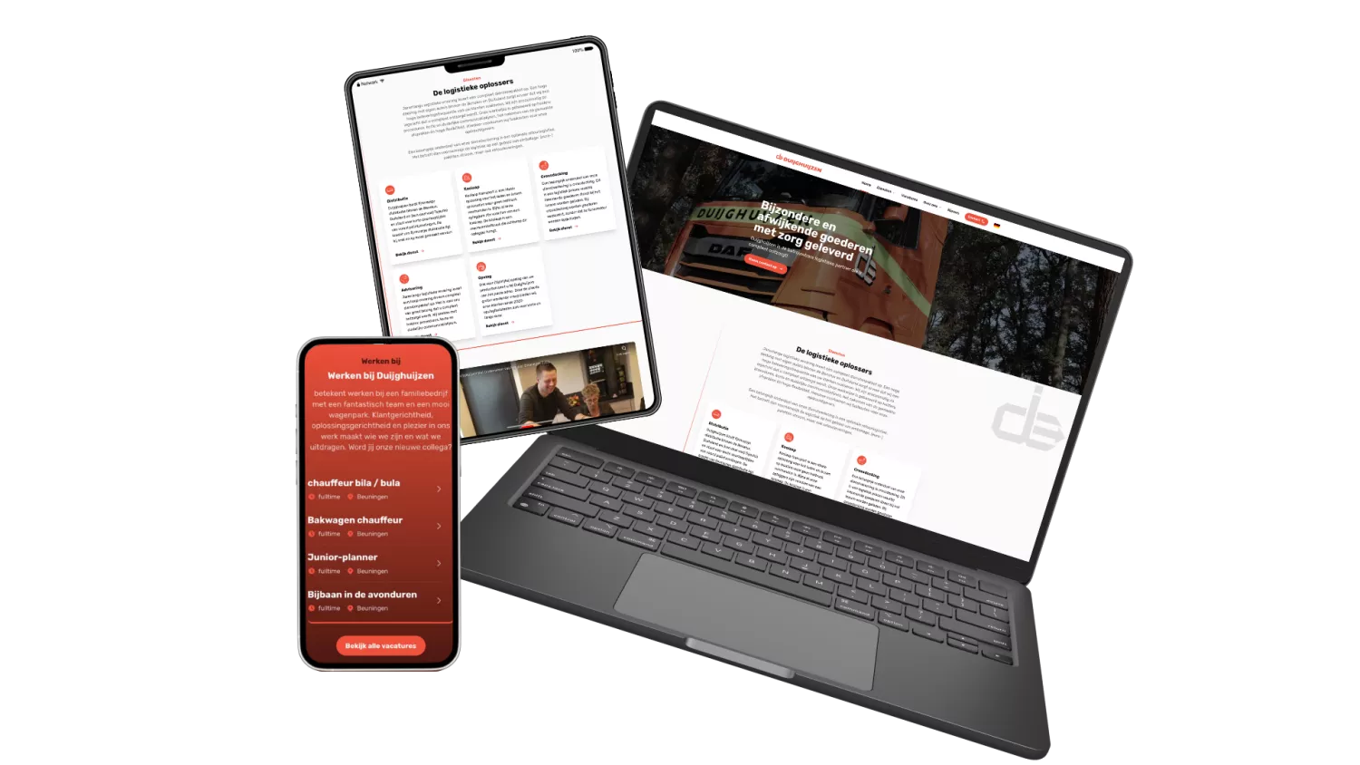 Laptop, tablet en smartphone tonen de website van een logistiek bedrijf met informatie en vacatures.