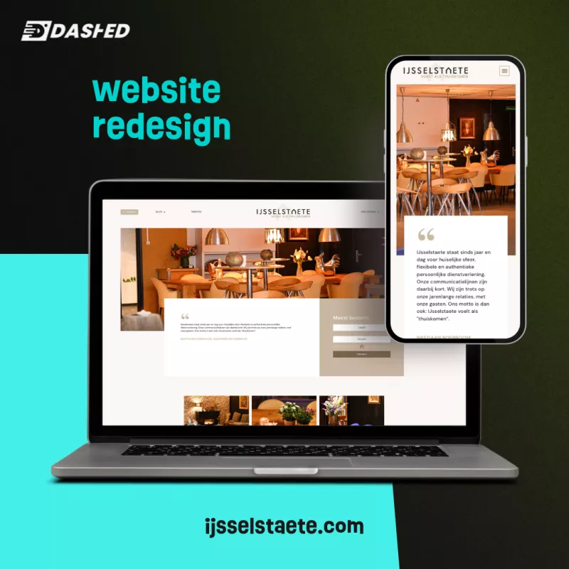 Laptop en smartphone tonen een vernieuwd websiteontwerp voor IJsselstaete. Het ontwerp heeft een modern uiterlijk met warme tinten. Tekst: "website redesign" en "ijsselstaete.com".