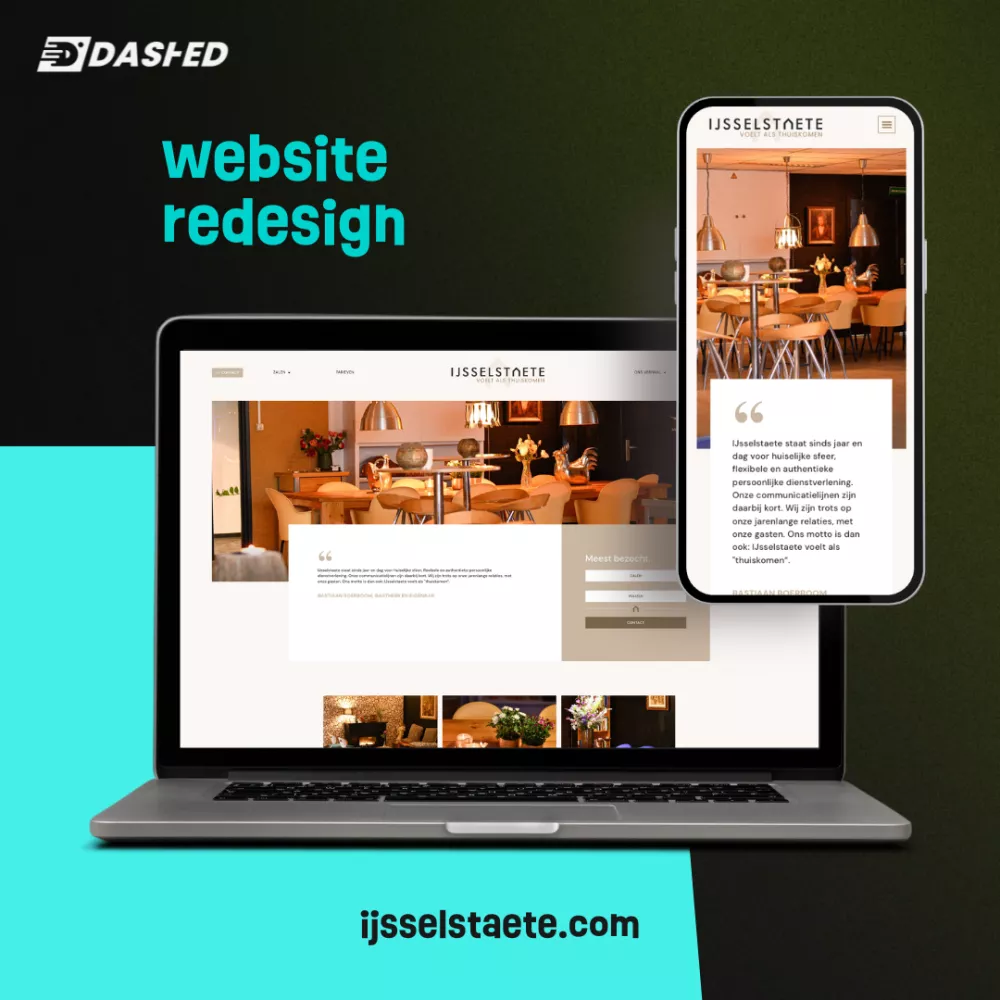 Laptop en smartphone tonen een vernieuwd websiteontwerp voor IJsselstaete. Het ontwerp heeft een modern uiterlijk met warme tinten. Tekst: "website redesign" en "ijsselstaete.com".