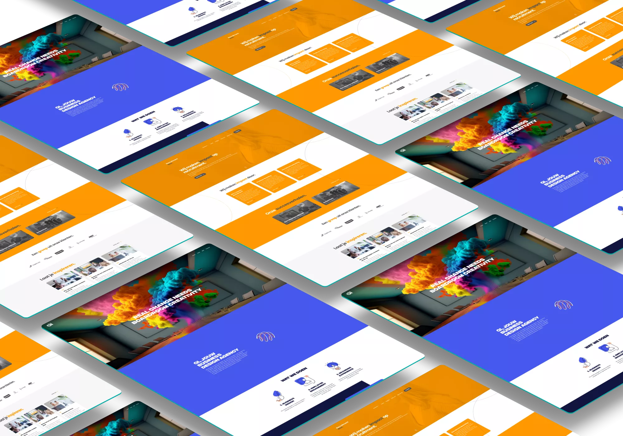 Verschillende schermafbeeldingen van een website layout met oranje en blauwe kleurvlakken.